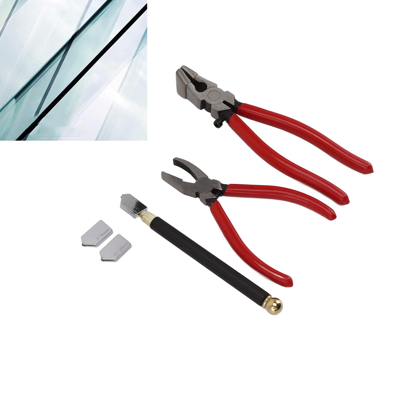 Kit de Herramientas para Cortar Vidrio con Alicates Rompedores, Alicates para Correr de Vidrio con Mandíbula Curva, Bolígrafo Cortador de Vidrio y 2 Cuchillas, para Vidrieras