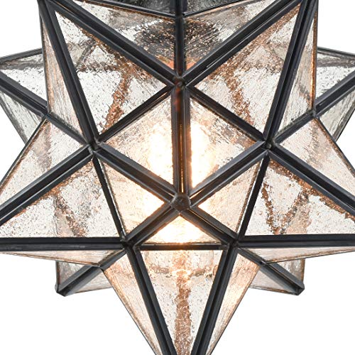 Image of Moravian Star Flush Mount Ceiling Light Black with Seeded Glass | Ceiling Mount Light Fixture for Living Room Bedroom Kitchen Hallway