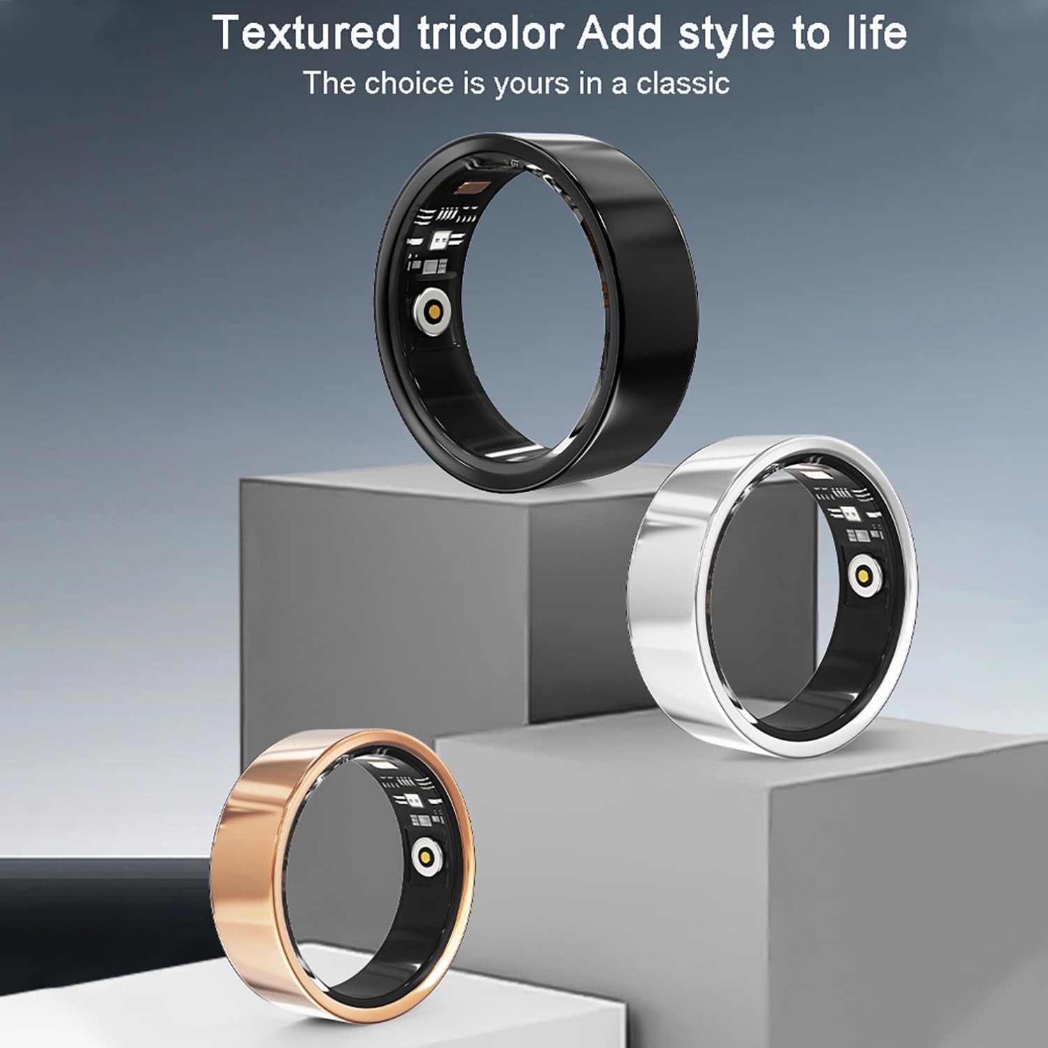 LONGLU Smart Ring pour Hommes Femmes, Bague Tracker de Fitness avec Fréquence Cardiaque/Oxygène Sanguin/Sommeil/Sport/Étanche IP68, Tracker de Santé pour iPhone & Android (Doré, 13)