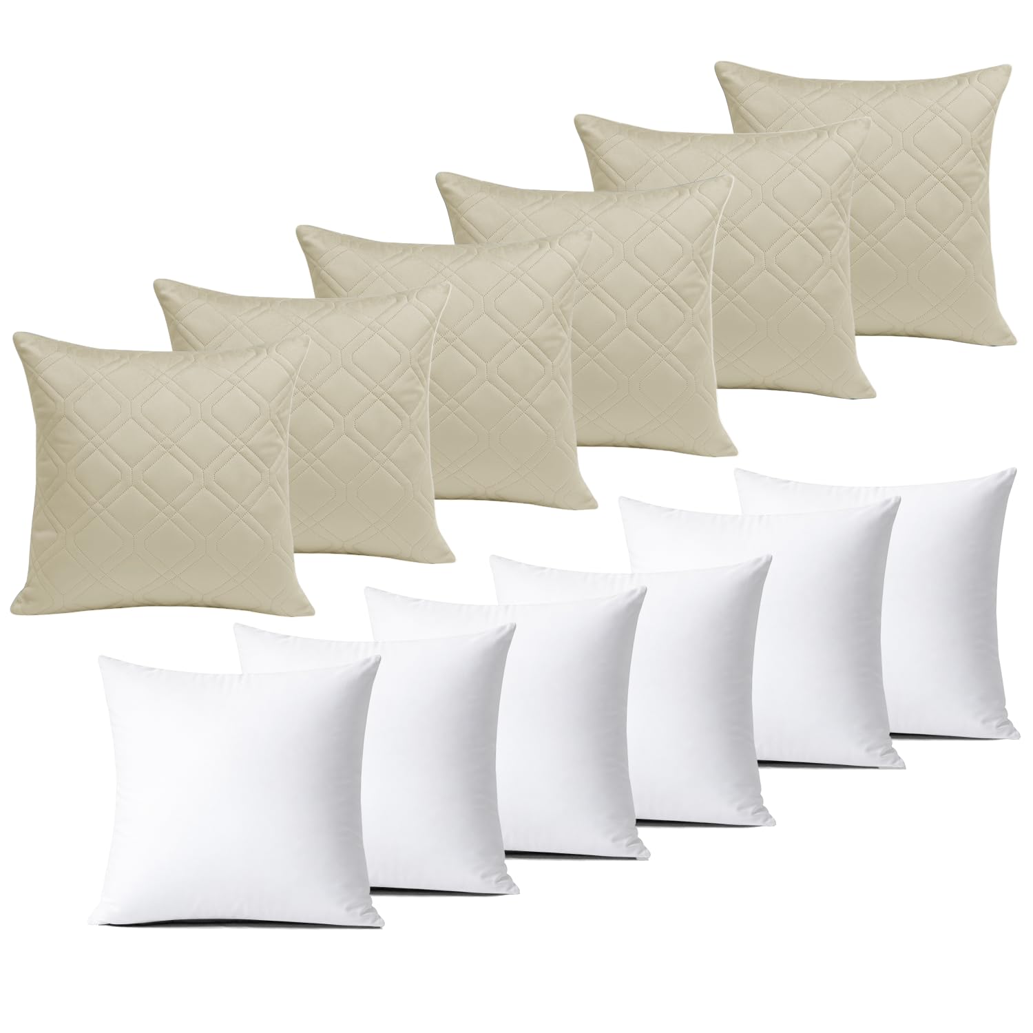 BedLooms Cushions with Covers Included 45x45 cm Beige Pack of 6 (6-Cushion Covers + 6-Cushion Inners) Ultrasonic Diamond Velvet Square Throw Pillow Cases with Invisible Zipper for Home Decor Sofa