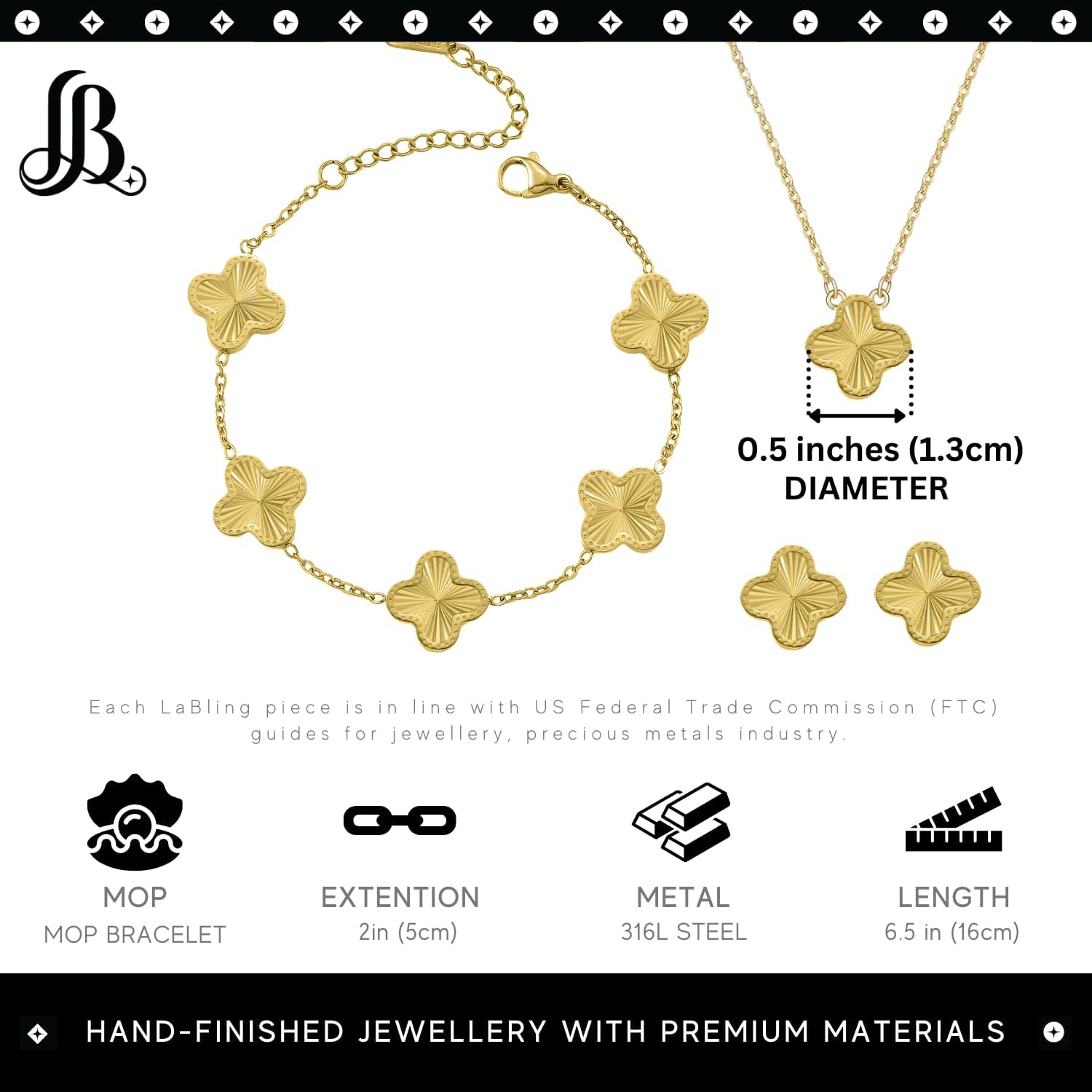 Clover Necklace Pendant Earring Bracelet Set | Designer Necklace Earring Bracelet Jewelry Set | Lovely Gift - Image 2