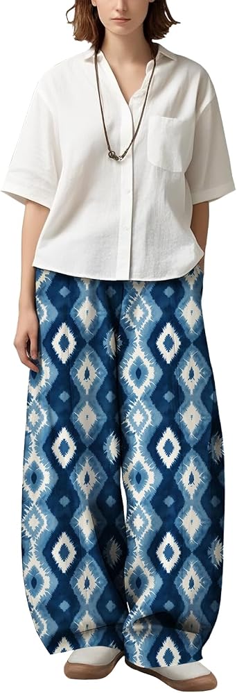 Plus Size Palazzo Pants for Women 2025 Fall Casual Elastic Waist Wide Leg Trousers Color Block Tie Dye Dressy Pants