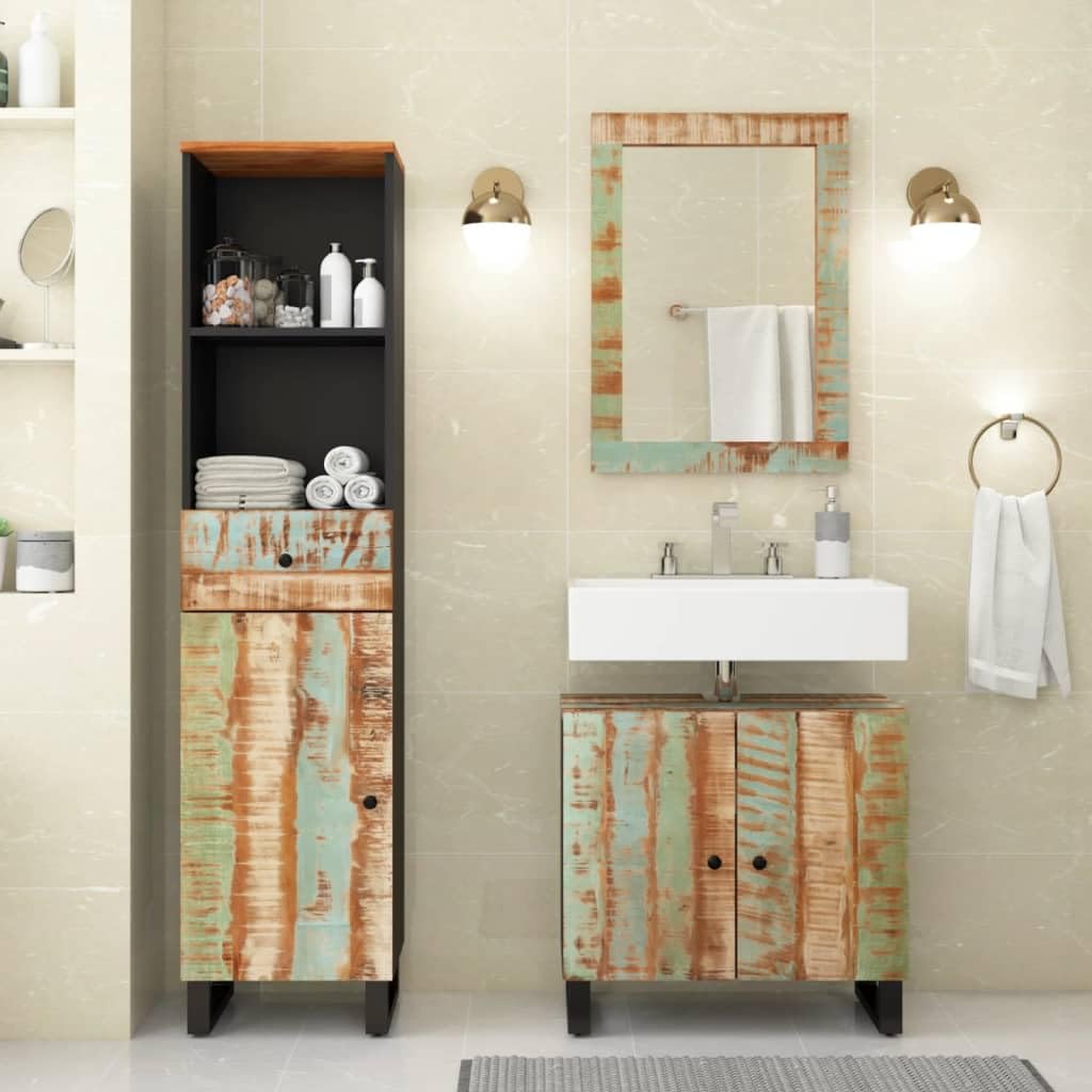 Ensemble de 3 meubles de salle de bain en bois massif recyclé : armoire de salle de bain avec lavabo et miroir en bois recyclé