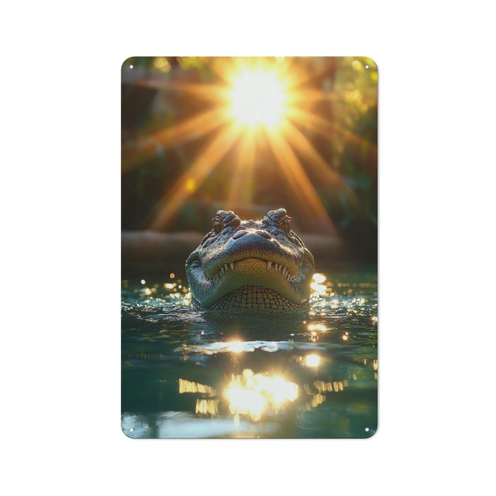 Alligator in Water with Sunburst Understated Metal Wall Decor 30x20cm, Office Metal Sign for Office, Study, Studio Or Hallway