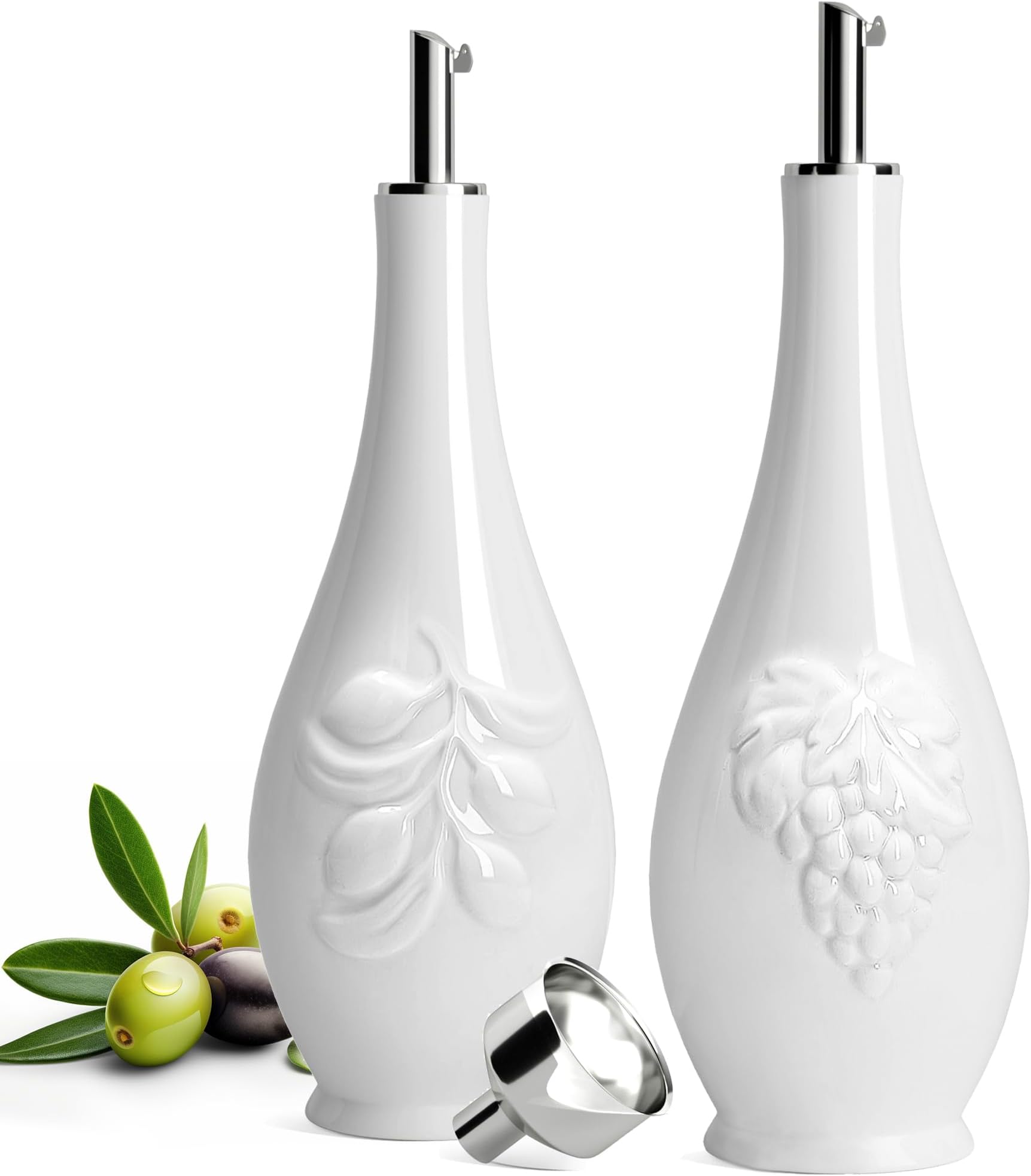 HOMBENE Porcelain Oil and Vinegar Dispenser Set, 16 oz Olive Oil Dispenser Bottle for Kitchen, Ceramic Cooking Oil Container, Oil Cruet w/Funnel, Dripless Spout, 480ml, 2 Pack