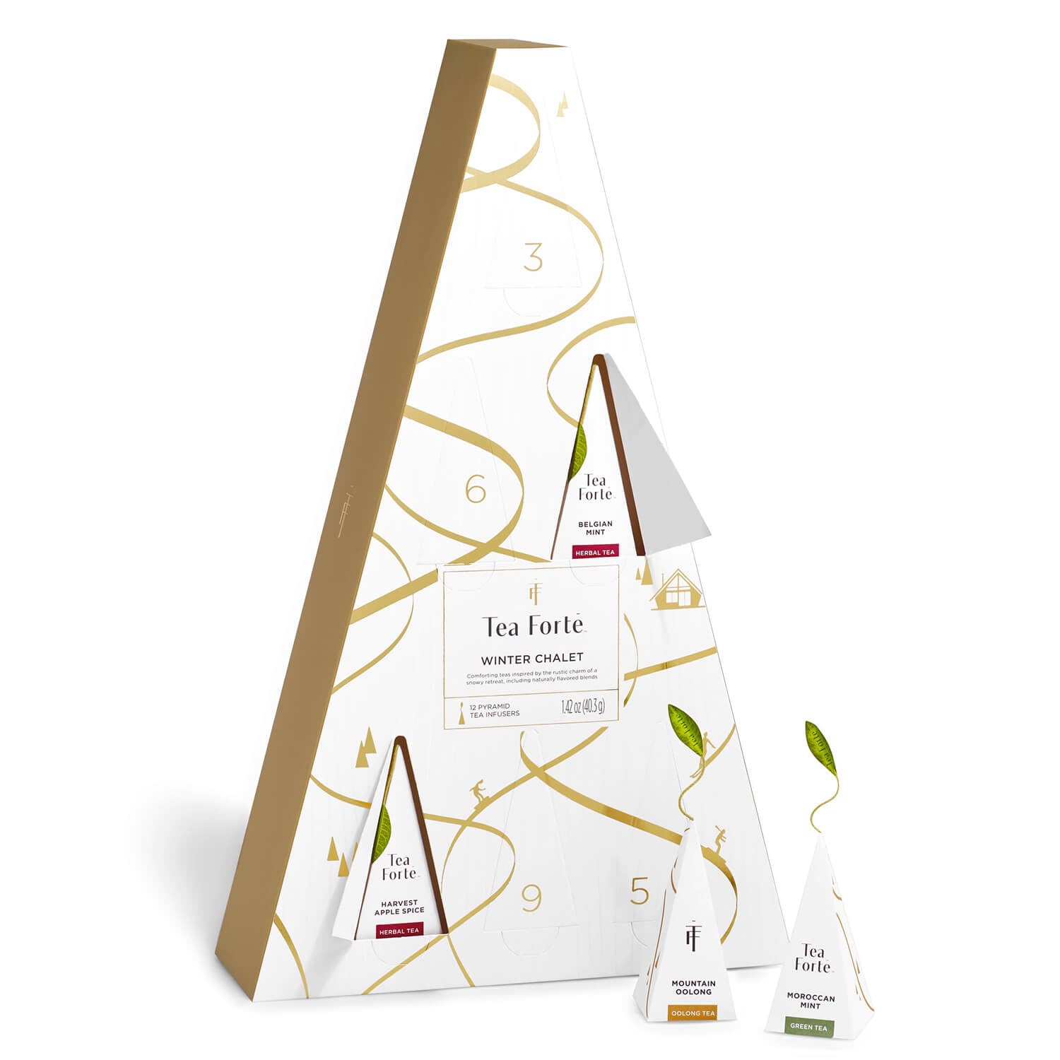 Tea Forte Tea Advent Calendar Gift Set; 12 Individually Wrapped Handcrafted Assorted Pyramid Infuser Tea Bags with Numbered Doors, Winter Chalet