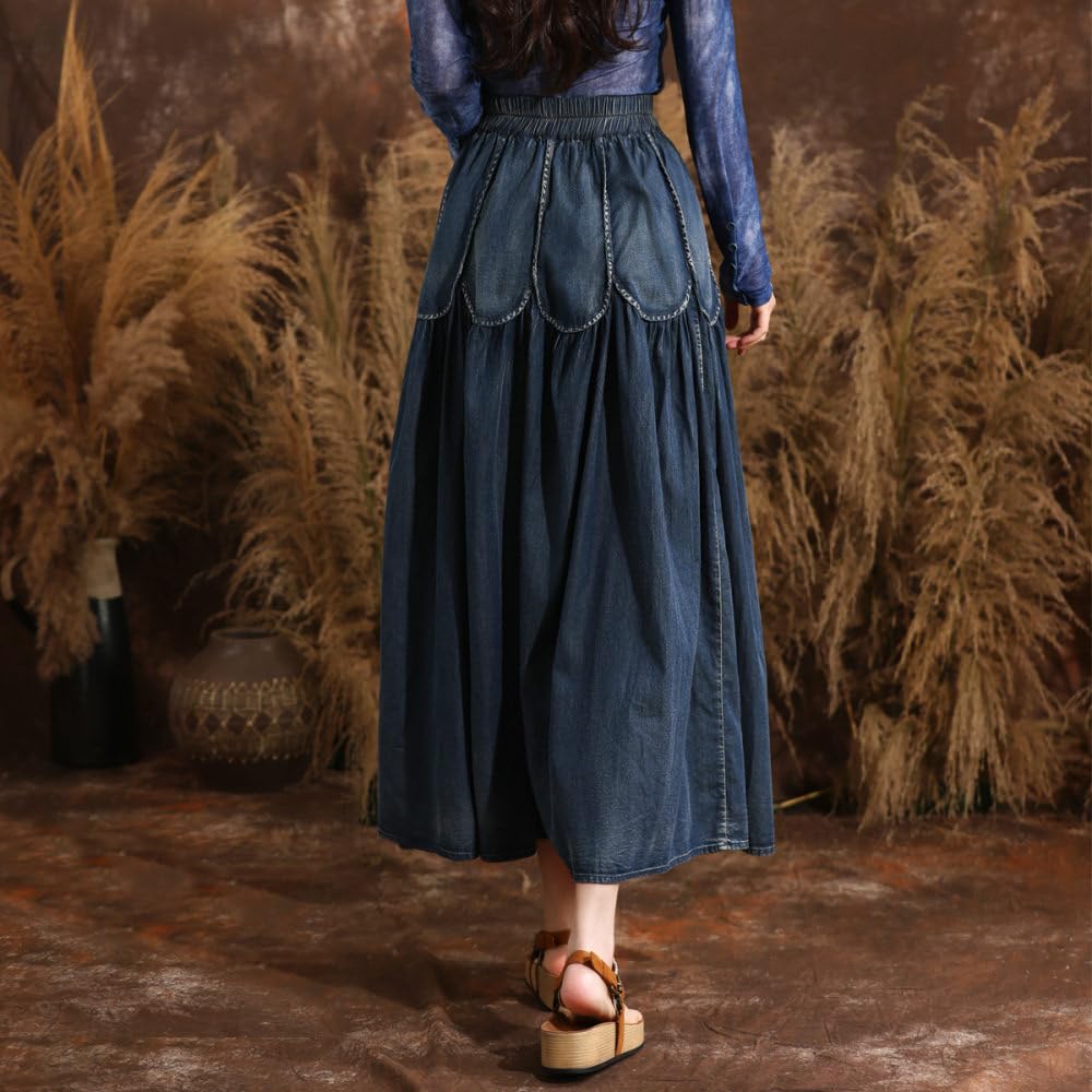 TatbUL Gonne da Donna,Gonna di Jeans con Cuciture A Fiore di Loto retrò da Donna Blu Scuro Gonna Midi A Pieghe A Vita Alta Boho Etnico Distressed Denim Lavato A-Line Gonne Lunghe per Ragazze Signore