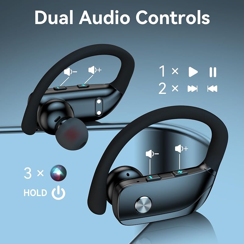bmani Ear Buds Wireless Earbuds Bluetooth Headphones with 80H Playtime LED Display Case, Over-Ear Hook with Mic, Stereo Sound, Easy Button Controls, Sports Earphones for Running Workout Gym Black image 4