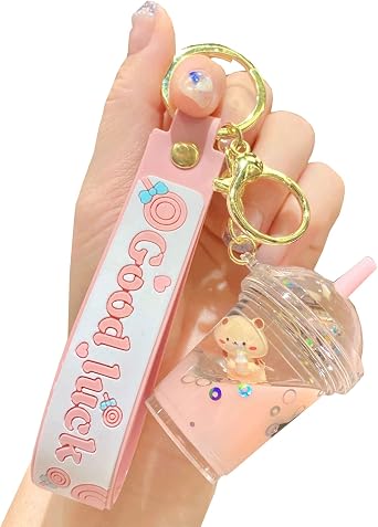Cute Floating Bear Backpack Car Key Pendant Kids Girls Women Acrylic Handbag Wallet Liquid Keyring