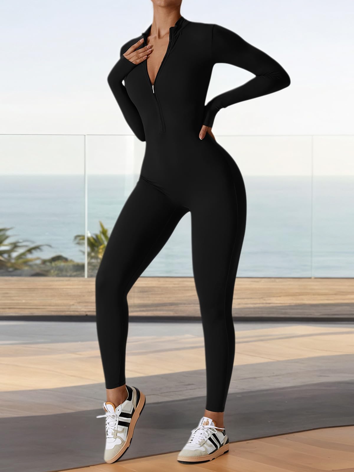 Ecupper Jumpsuits Damen Yoga Bodycon Einteiler Zip Up Overall Rompers Langärmelig Workout Outfit