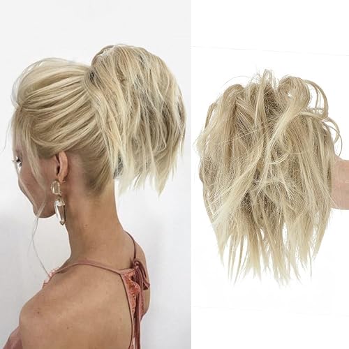 Miniatura 7 de KETHBE Extensiones de pelo sintético corto para cola de caballo, banda elástica de goma para mujeres (CZ-Champaign Golden Mix Bleach Blonde)