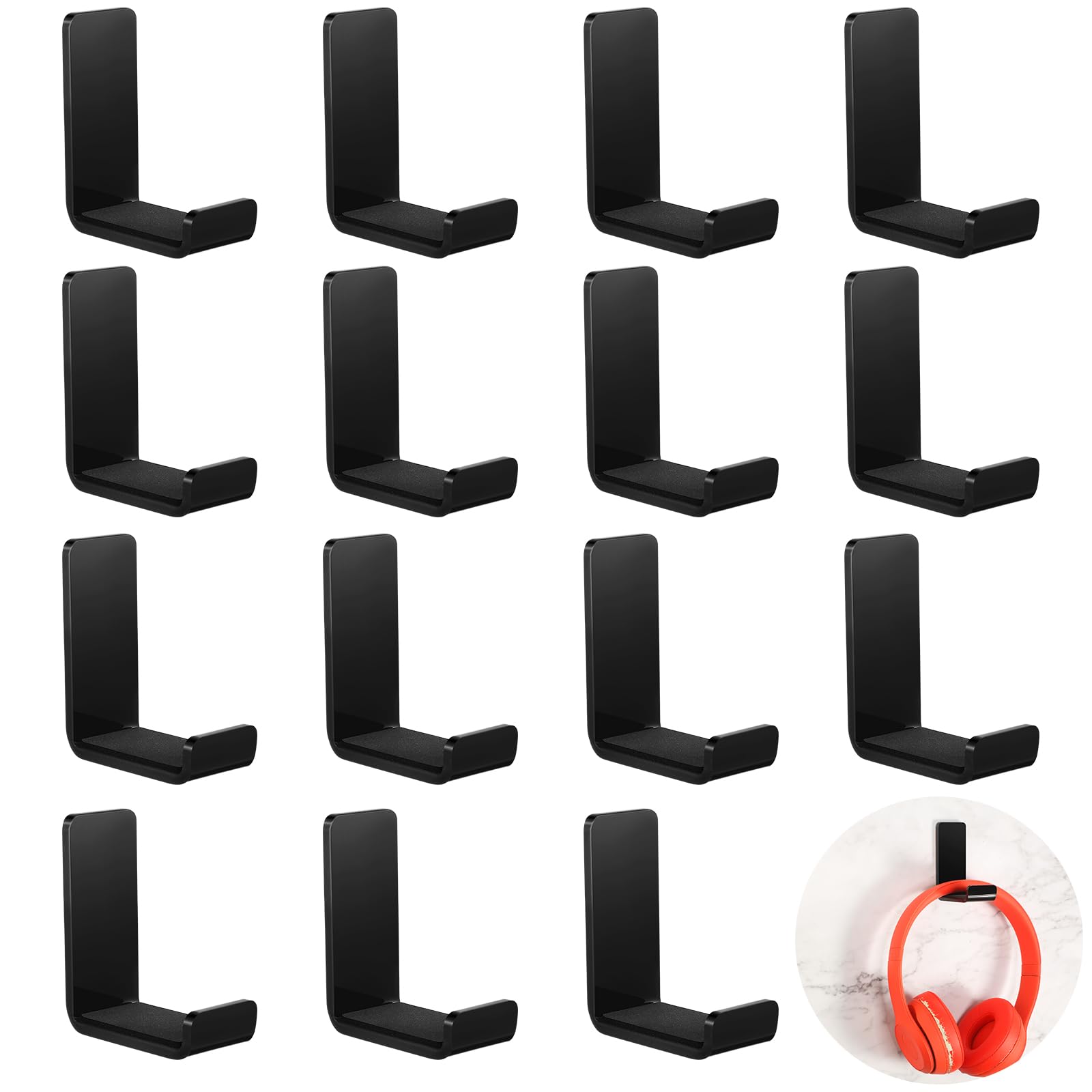 Weewooday 16 ganchos negros para auriculares de pared con pegamentos adhesivos, soporte de pared para auriculares de juego de uso general