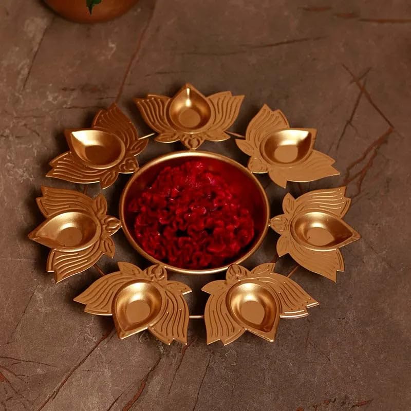 Image of Lotus Shape Diya Flower Urli Handcrafted Bowl for Floating Flowers & Tea Light Candles Home Living Room Office & Table Decor Diwali Decoration Items Premium Metal Color Gold (10inch)