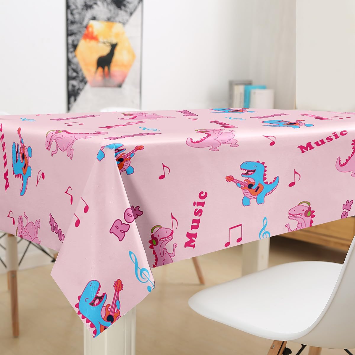 Homewish Cartoon Dinosaur Table Accessories,Rock Music Theme Tablecloths,Cute Pink Blue Animals Table Cloth for Kids Girls Boys Teens Room Decor,Modern Reverisble Table Cover,55"x55" image 3