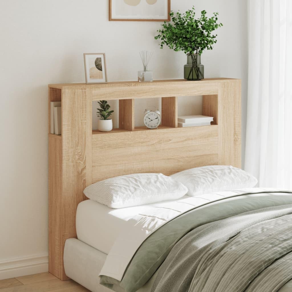 ACAGALA Cabezal LED con estantes 120 x 103,5 cm, cabecero de cama con luces LED, cabecero con compartimentos abiertos, accesorio para cama dormitorio, material de madera, roble sonoma