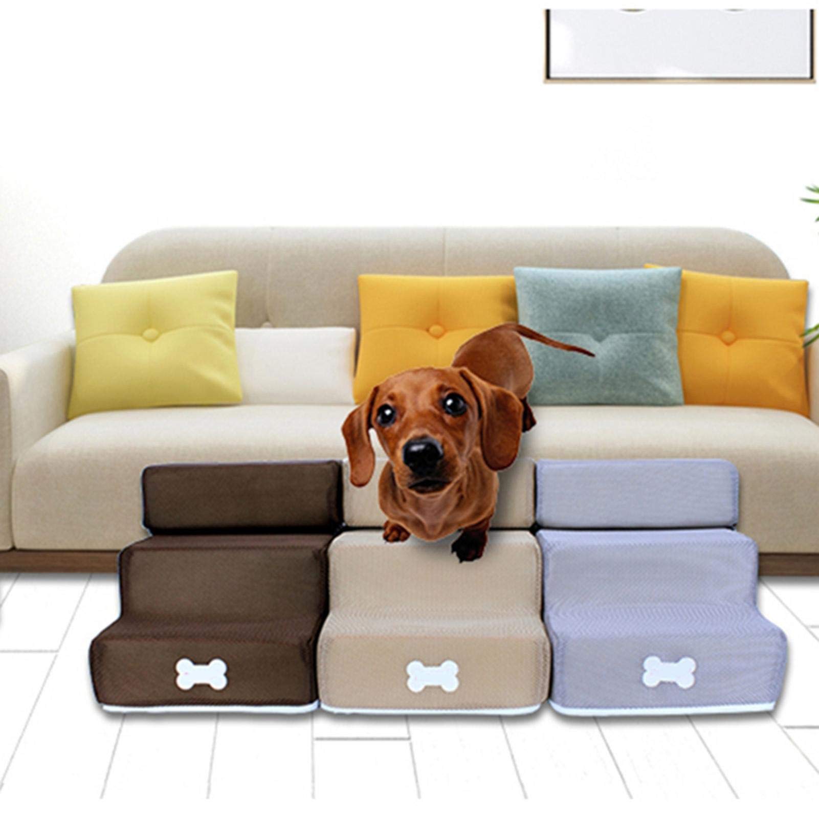 Scale Per Animali 3 Gradini | Per Cani E Gatti | Rivestimento Lavabile | In PP Resistente | Bianco/Beige - Foto 9