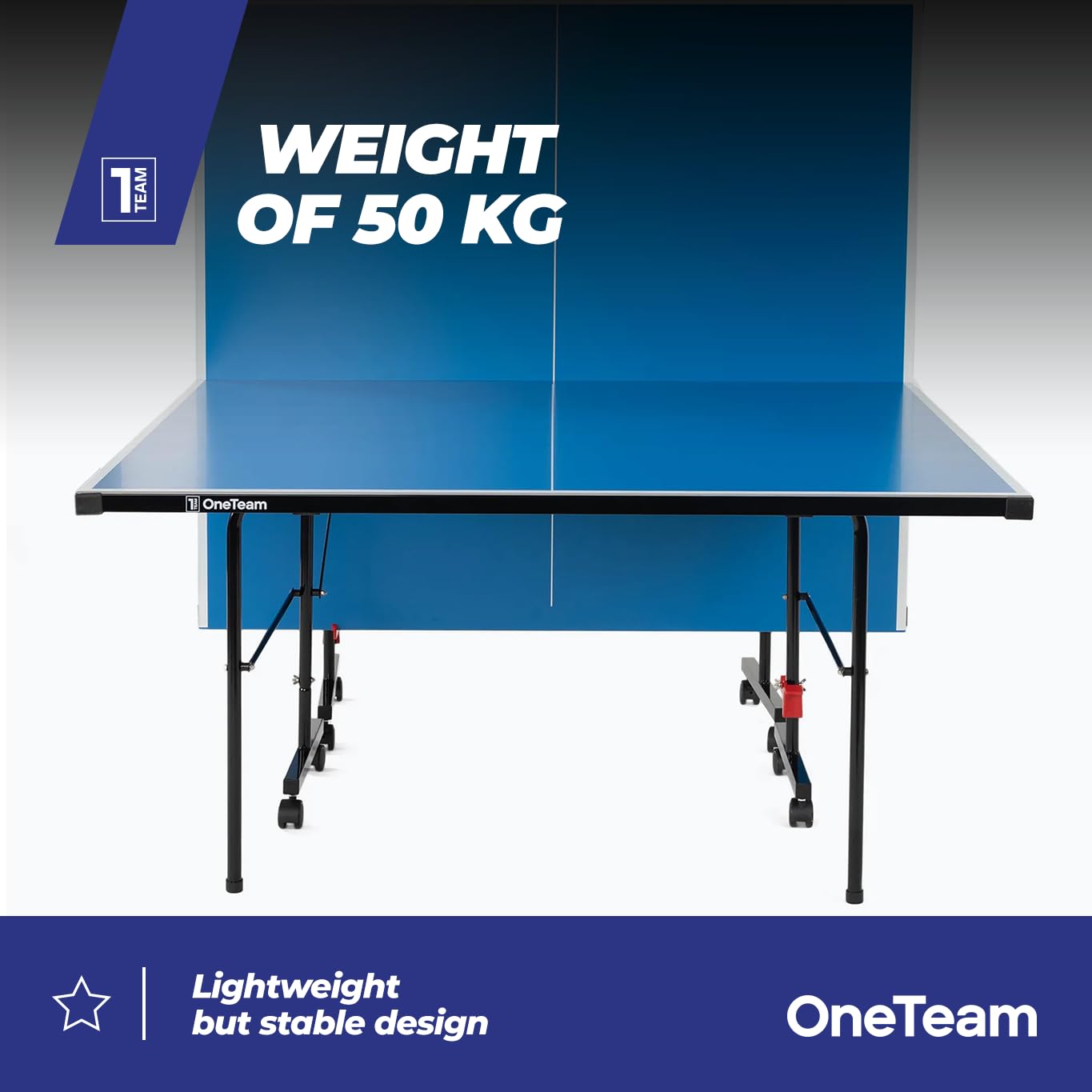 OneTeam Table de Ping Pong avec des Dimensions de 274x152.5x76 cm pour Jouer en Extérieur avec Filet Plateaux Pliables Roues de Transport avec Fonction de Blocage Bleu Clair