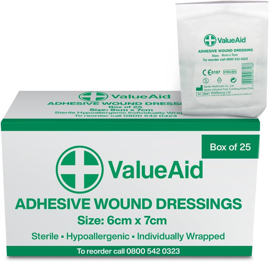 Value Aid Wound Dressings Adhesive - Breathable Non-Woven Sterile Dressing Pads - Comfortable Stretch-and-Conform Design - Pack of 25, Individually Wrapped (6cm x 7cm)