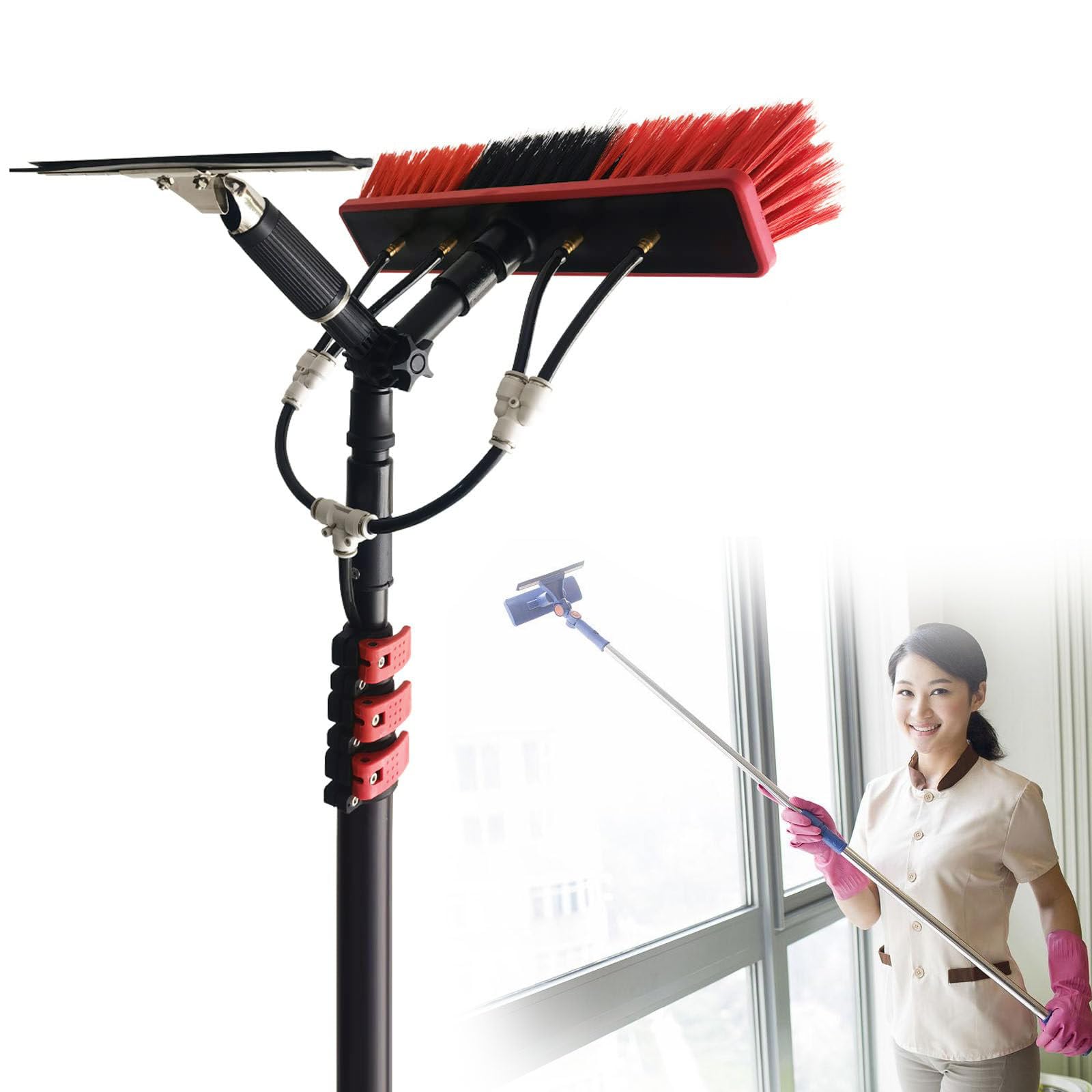 Reinigungsstange aus Aluminiumlegierung, einziehbare, wassergespeiste Fensterstange mit Abzieher und um 180 ° drehbarem Bürstenkopf, zum Reinigen von Wintergartendächern, Photovoltaik-/Solar