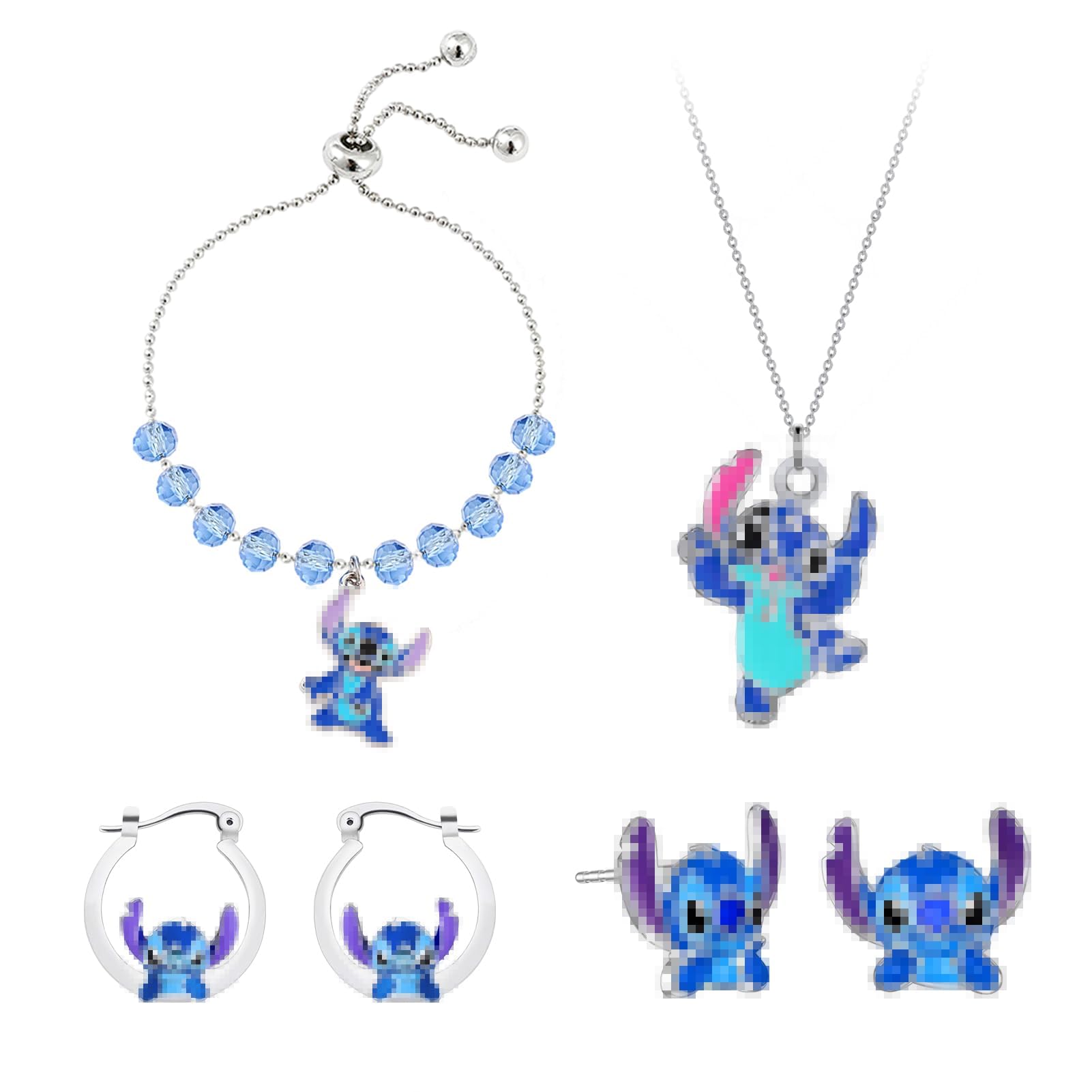 ZORTORZ Juego de joyas de dibujos animados, bonitos pendientes de dibujos animados, pulseras ajustables de plata, collar colgante de dibujos animados, joyas kawaii para niñas, regalo de dibujos animados para