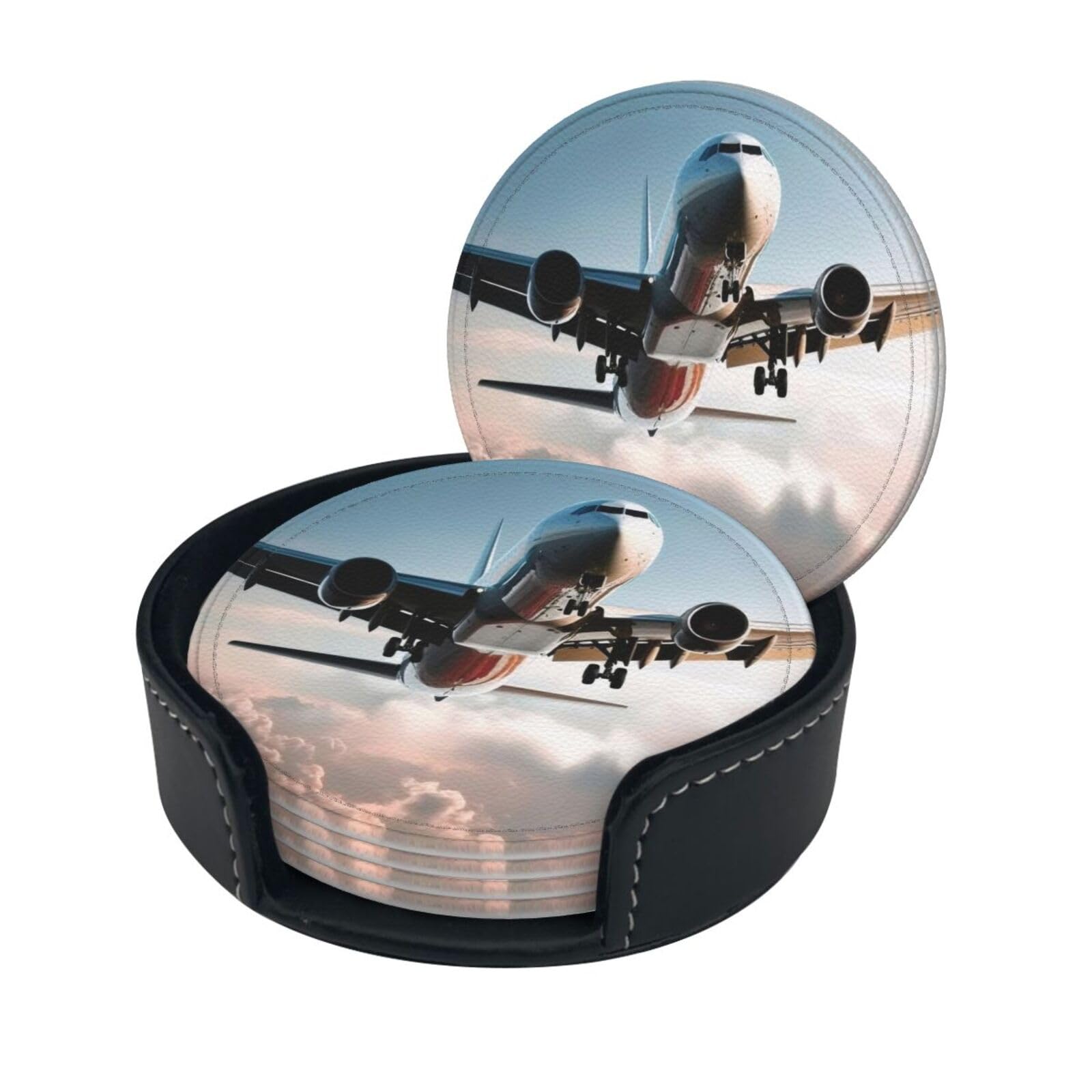 Stylish Coasters - Airplane Art Set of 6 Round Leather Drink Coasters with Holder - Perfect Size for Cups and Glasses