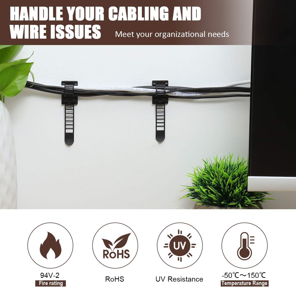 50Pcs Adhesive Cable Management Clips with 50Pcs Zip Ties, Adjustable Nylon Cable Strap Ties Wire Clips Clamps Organizer with Strong Adhesive Tape, Extra Screw & Hole - 3.35 Inch Black - Image 2