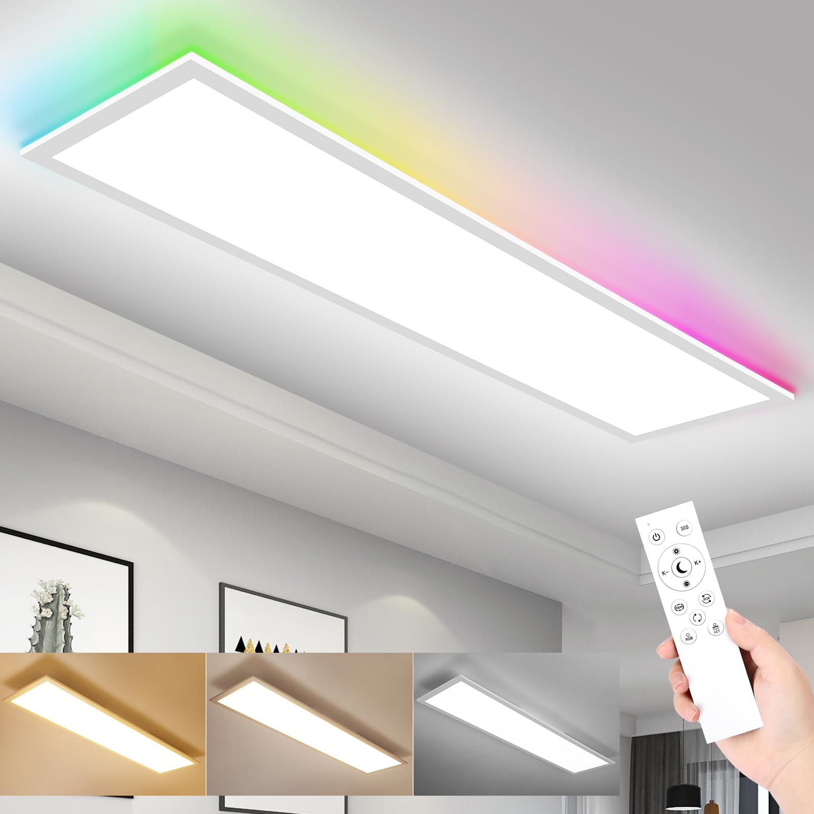 Panneau de plafonnier à LED, 100x25cm plafonnier plat à intensité variable avec télécommande, lampe de panneau de plafond 30W avec fonction de mémoire, 2700K-6500K panneau d'éclairage à LED