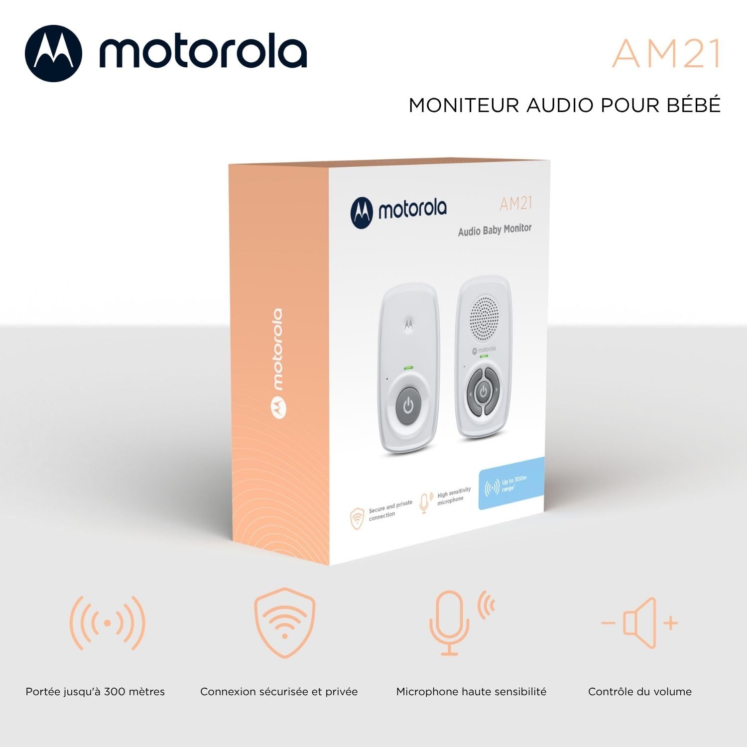 Motorola Nursery AM21 Audio Baby Monitor - Moniteur numérique avec Technologie DECT pour la Surveillance Audio - Longue portée - Microphone Haute sensibilité - Blanc