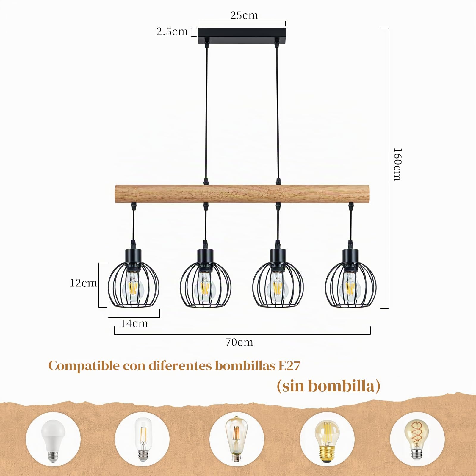 ZMH Lámpara colgante vintage de madera con 4 bombillas Lámpara colgante | de mesa de comedor de diseño industrial, negra. Retro, lámpara de mesa de comedor para (bombillas no incluidas)