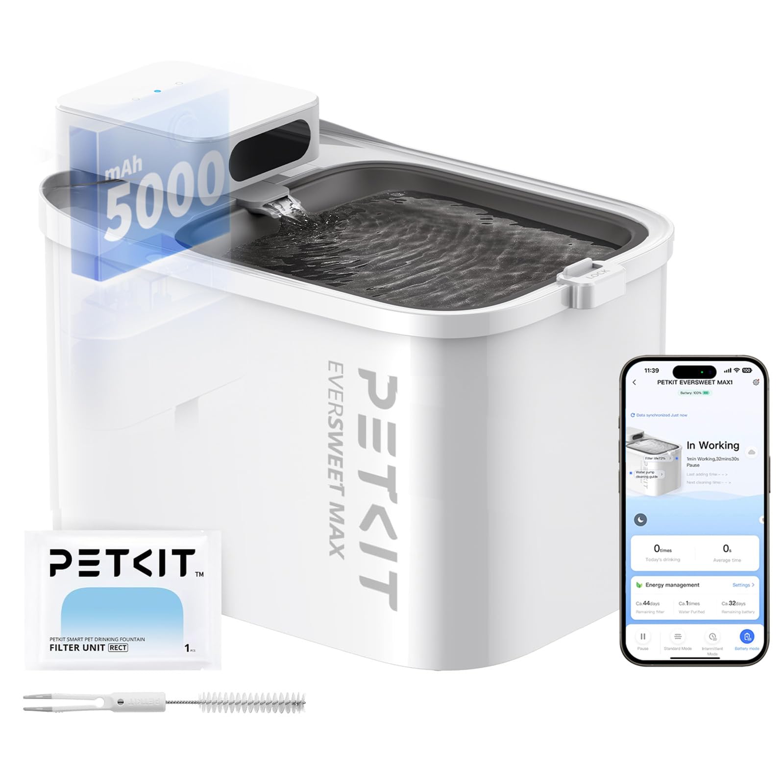 PETKIT Wireless Cat Water Fountain, EVERSWEET MAX 3L, Cordless 5000mAh Battery Operated Cat Fountain with Motion Sensor, App Control/Monitor, Ultra Quiet, Rechargeable Pet Water Fountain for Cats Dogs — image 1