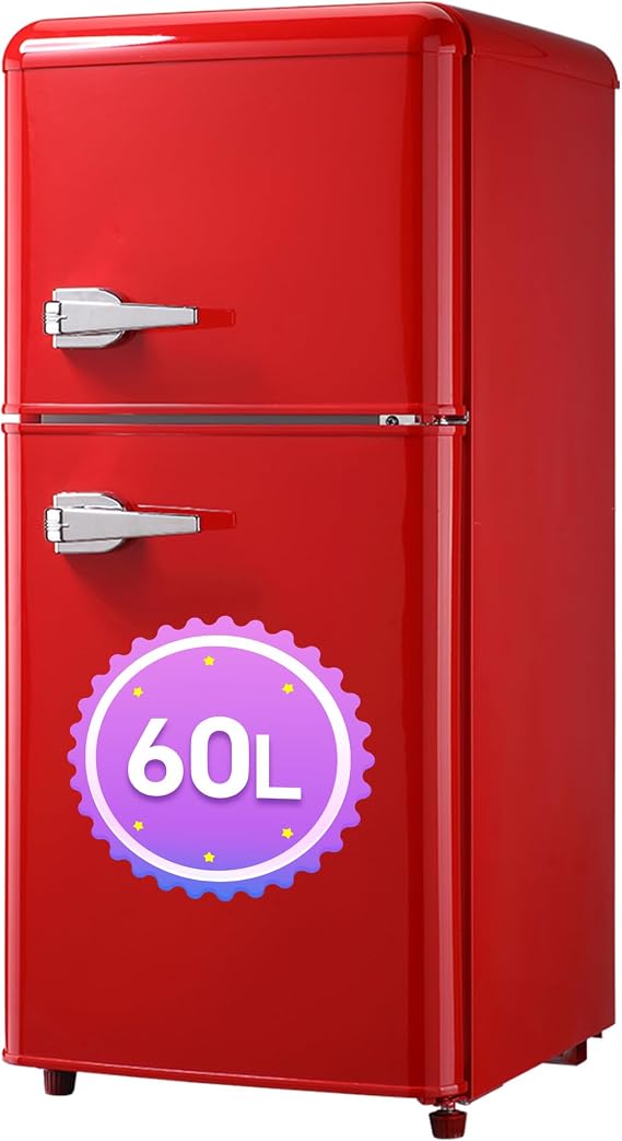 drixno retro refrigerator red freezer combination. 86.8 cm high 45.5 cm wide 2-door with 60 liter total volume 22 liter freezer volume. 163 kwh / year27 ° c 13 ° c led light [energy class e]