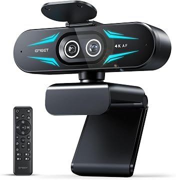 EMEET C60E Cámara Web 4K con Doble Cámara, con Cámaras Gran Angular y Telefoto, Zoom Híbrido Máximo de 11X y Enfoque Automático PDAF, Control Remoto, Luz RGB, 2 Mic, Ideal para Transmisiones en Vivo