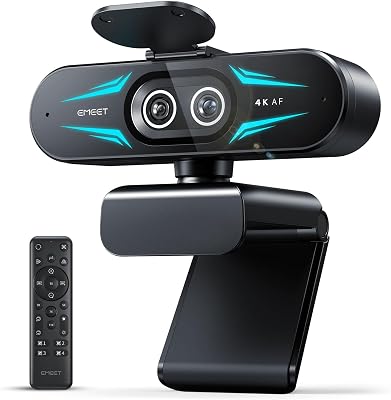 EMEET Webcam 4K con doppia fotocamera, con Obiettivi Grandangolari e Telefoto, Zoom Ibrido fino a 11X e Autofocus PDAF, Telecomando, Illuminazione RGB, 2 Microfoni, Ideale per Live Streaming