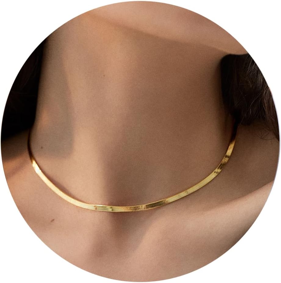 Hipwope 14K Gold/Silver Plated Snake Chain NecklaceHerringbone Necklace For Women Gold Filled Flat Chain Necklace for Women Gifts Jewelry Adjustable Necklace 3/5MM(W) 16''/18'' 20''/22''/24''(L)'