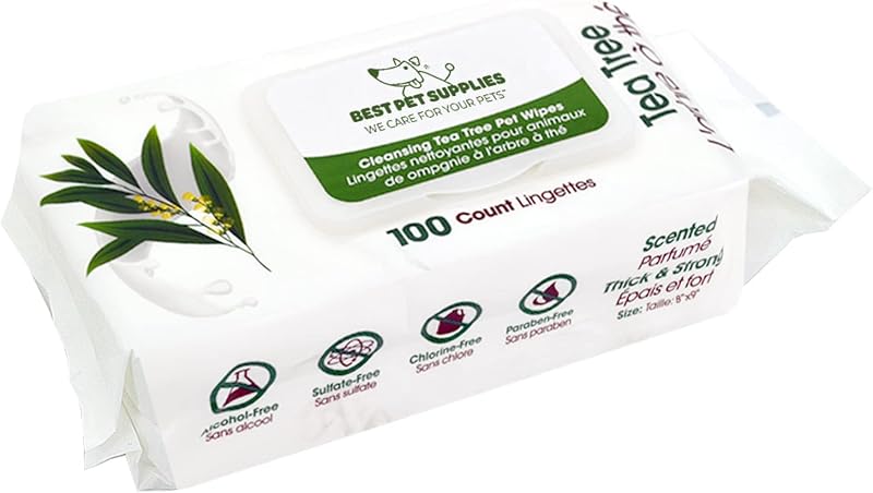 Best Pet Supplies Pet Grooming Wipes for Dogs & Cats,Deodorizer for Coats & Dry, Itchy, or Sensitive Skin, Clean Ears, Paws, Body, & Butt - Cleansing Tea Tree