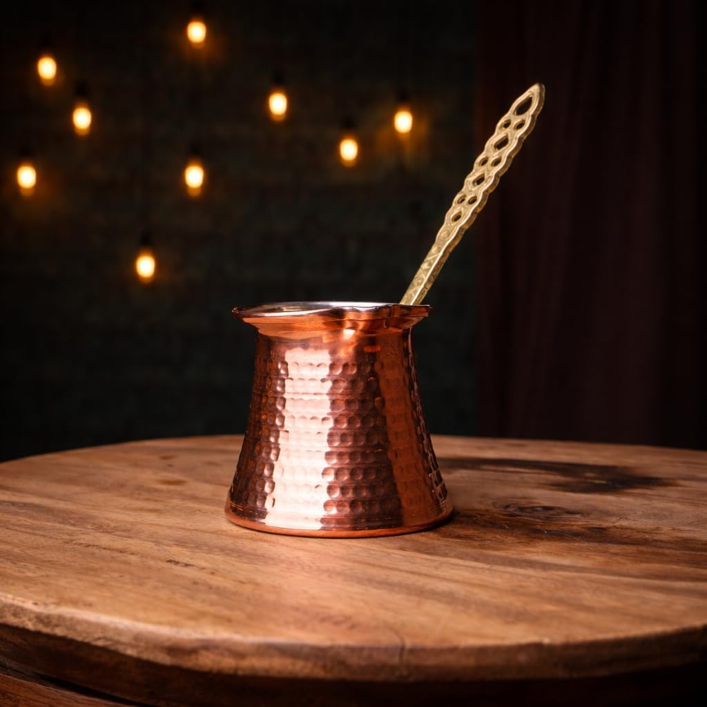 MEYA Handcrafted Copper Turkish Coffee Pot 350 ml | Stove Top Cezve for Coffee, Milk, Butter & Chocolate | Fast Even Heating | Wooden Measuring & Stirring Spoons Included (Large)