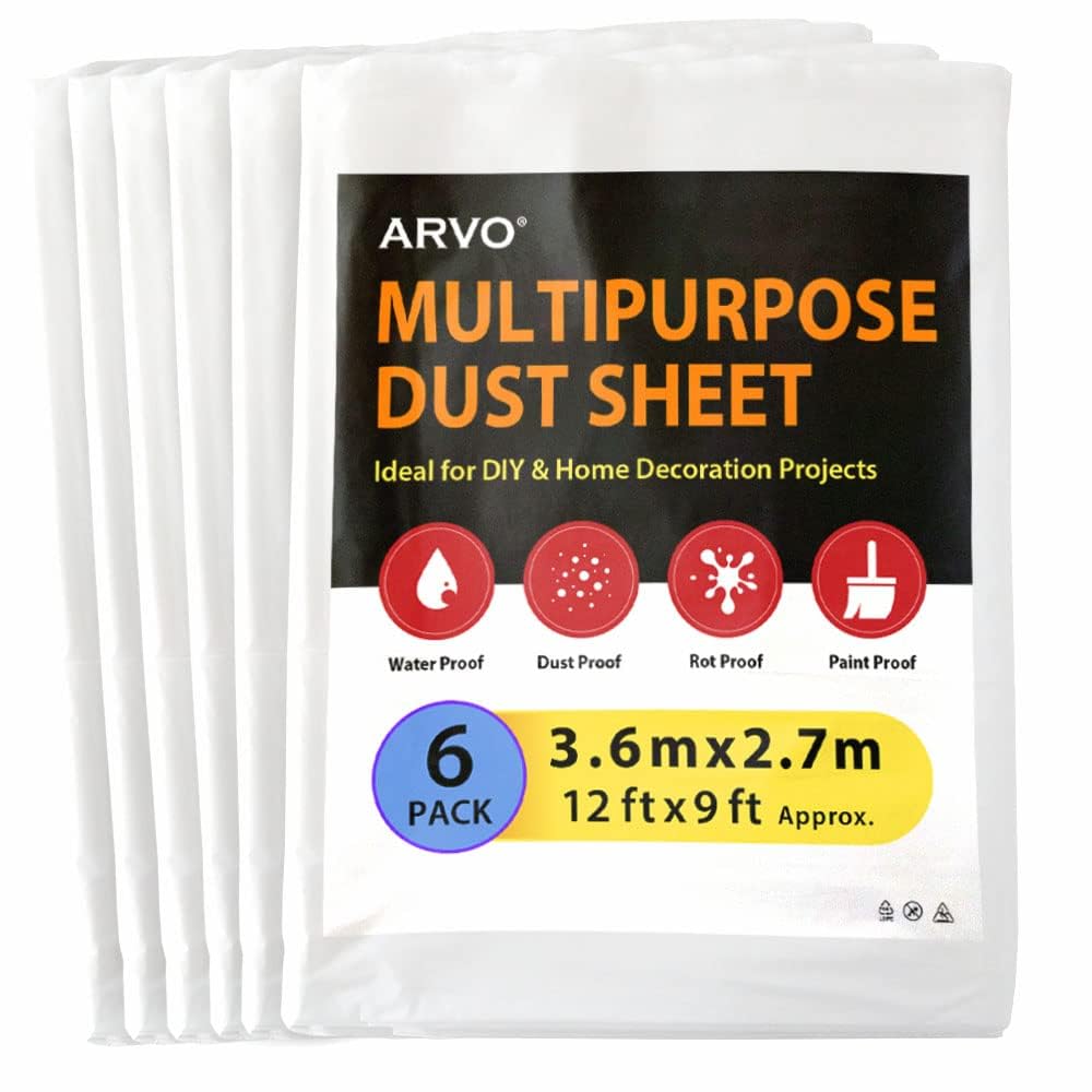 ARVO 6 Pack Extra Large Plastic Dust Sheets for Decorating - 3.6m x 2.75m (12ft x 9ft), Waterproof Polythene for Painting, Furniture, Floor Protection, Ideal with Paint Coveralls