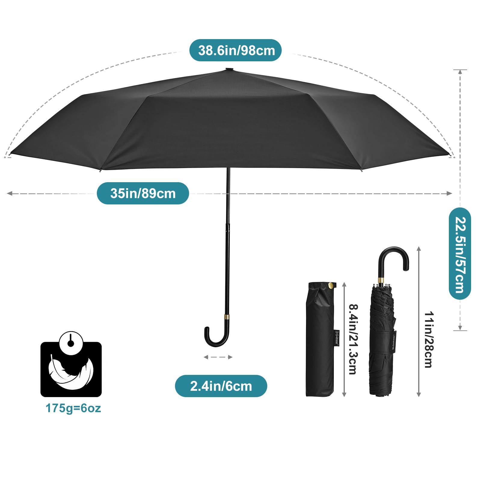 G4Free UPF 50+ ochrona przed promieniowaniem UV, ultralekki mini podróżny kompaktowy parasol z zakrzywionym uchwytem J na słońce i deszcz