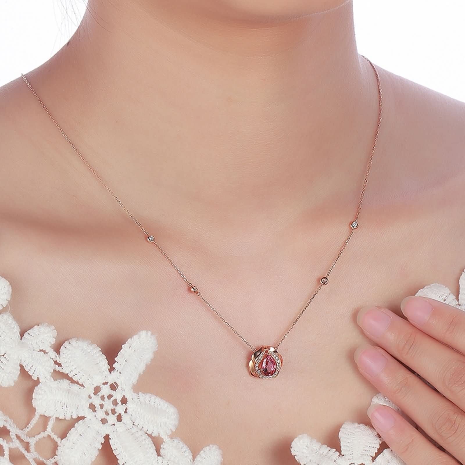 Ciondolo per Collana Oro Rosa, Collana per Fidanzati Donna con Tormalina 1 Carati e Diamante Sintetico, Gioielli con Pietra del Mese di Nascita