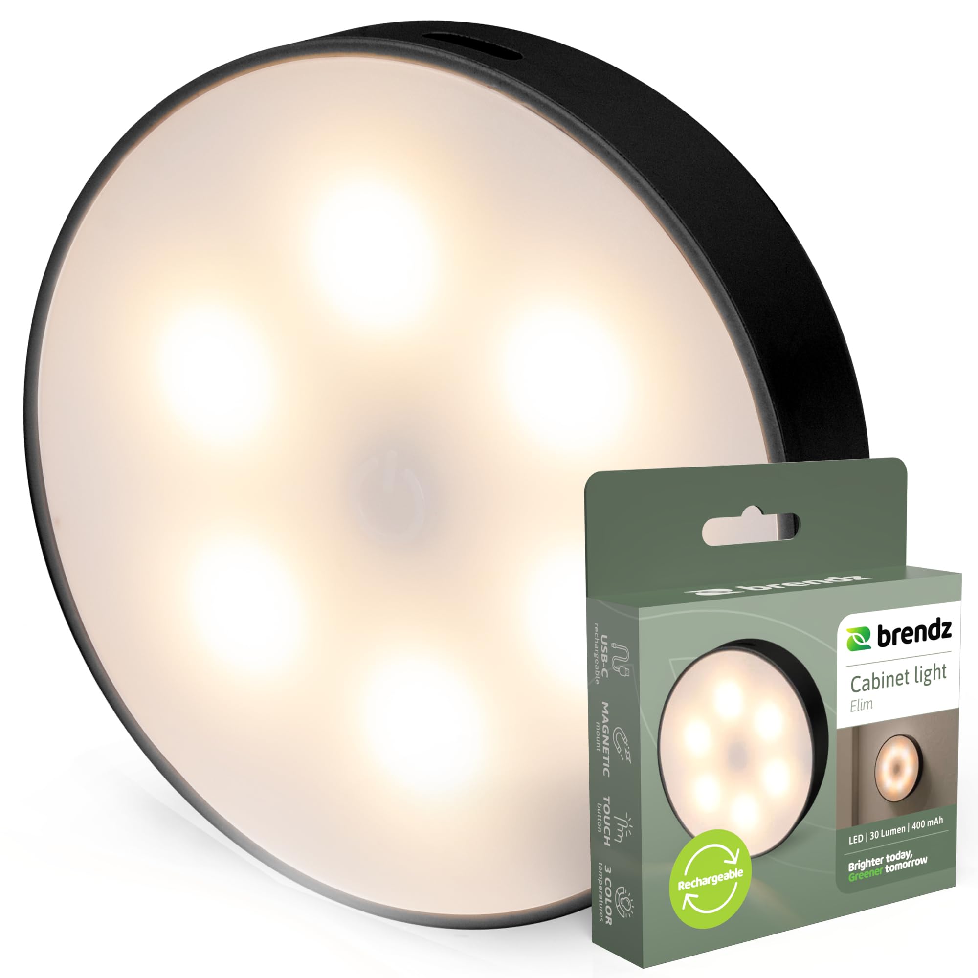 Brendz Rundes LED Schrankbeleuchtung, Touch-Bedienung, USB-C Wiederaufladbar, Dimmbar, Magnetisch, 3 Farbtemperaturen, LED Lampe Akku, Treppenbeleuchtung, schwarz