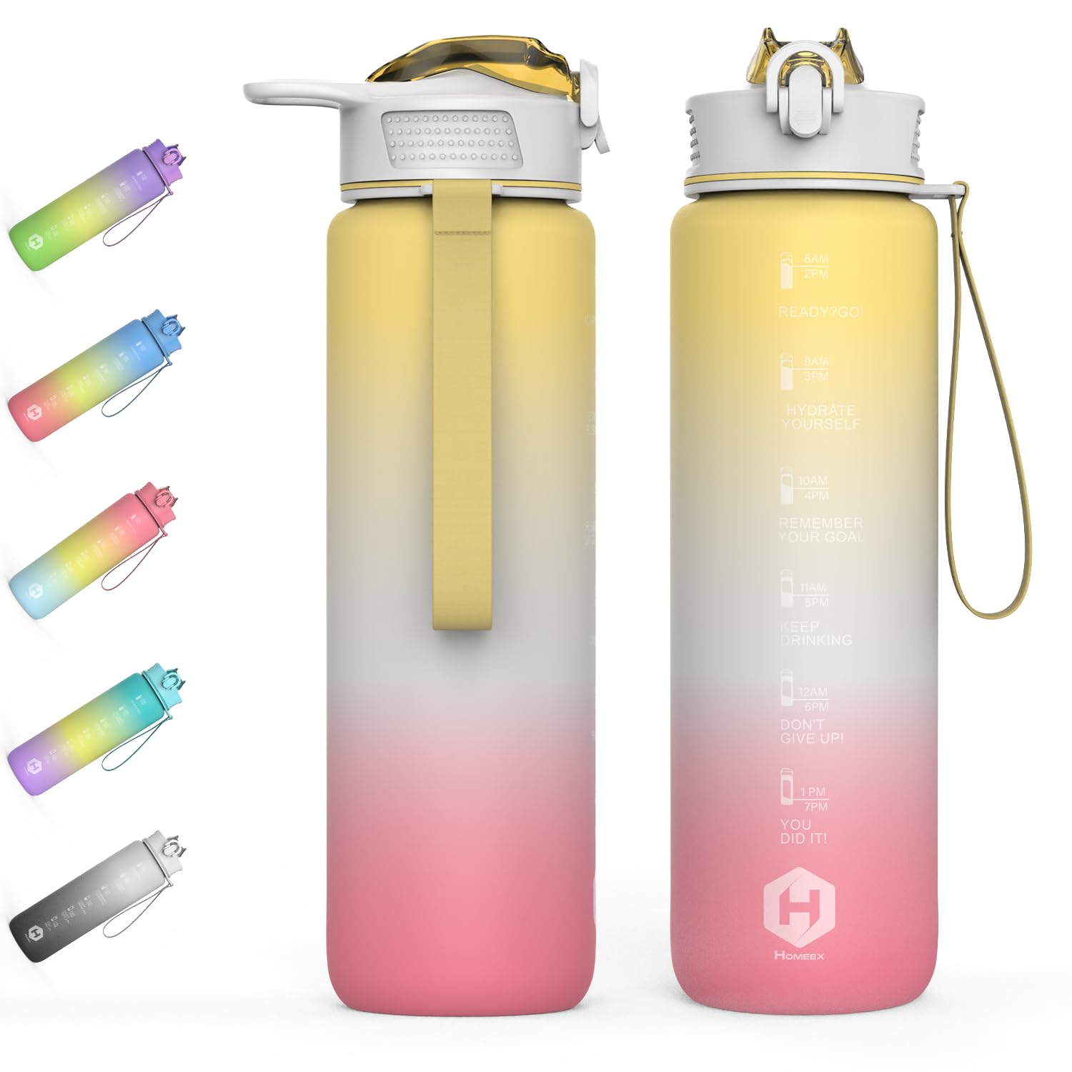 Homeex Borraccia Motivazionale 1L Con Timer E Cannuccia | Tritan Senza BPA Per Fitness, Corsa E Ufficio (Grigio/Giallo/Nero)