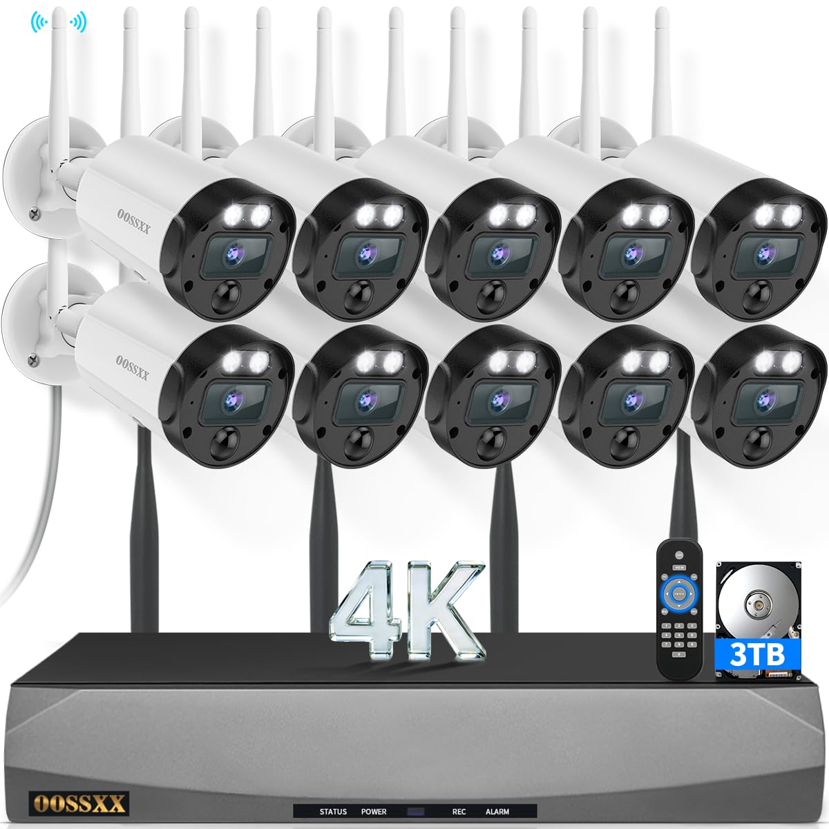 4K Wireless Security Camera System 10Pcs WiFi Cameras, 4K/16CH NVR, 3TB HDD