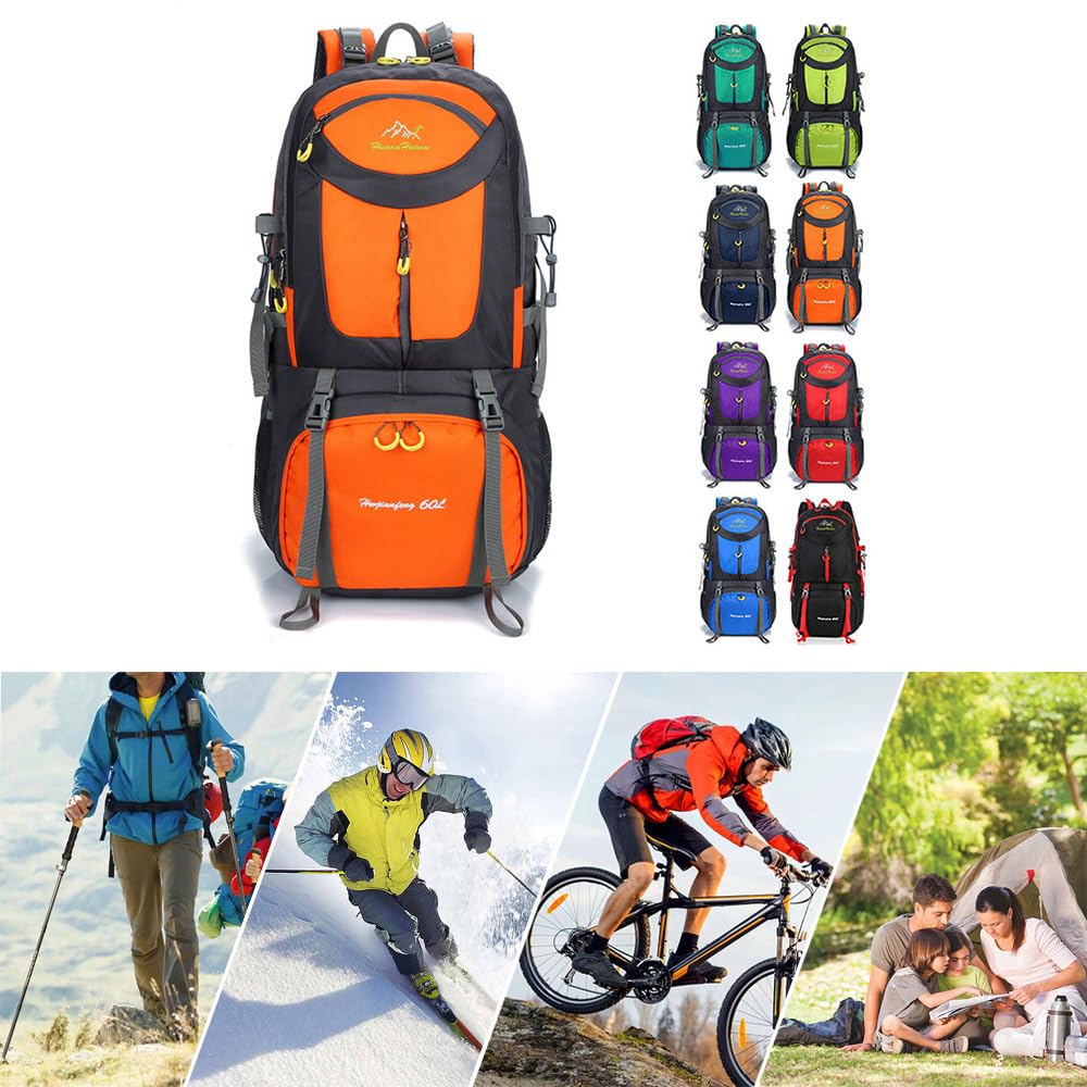 Rojeam Zaino da Trekking Uomo Donna Zaino da Escursionismo per Campeggio Alpinismo Arrampicata Viaggio Bicicletta, Arancia, 60L