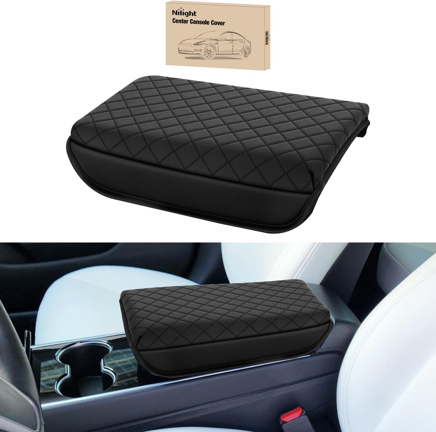 Nilight Center Console Cover Compatible with Tesla Model 3 Tesla Model Y Armrest Cover for Car Vegan Leather Middle Console Cover Car Center Console Cushion Pad (Not Fit for 2024 Tesla Model 3) -Black
