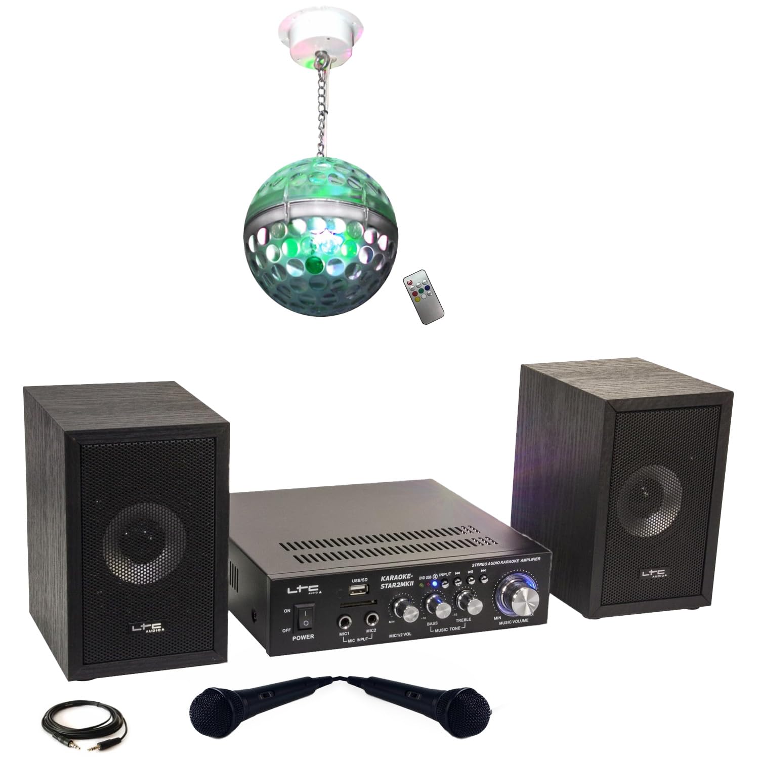 Juego de canciones para niños LTC KARAOKE-STAR2MKII – Bluetooth USB SD 100 W 2 altavoces 2 micrófonos 1 amplificador – Bola disco LED RGB regalo noche fiesta música