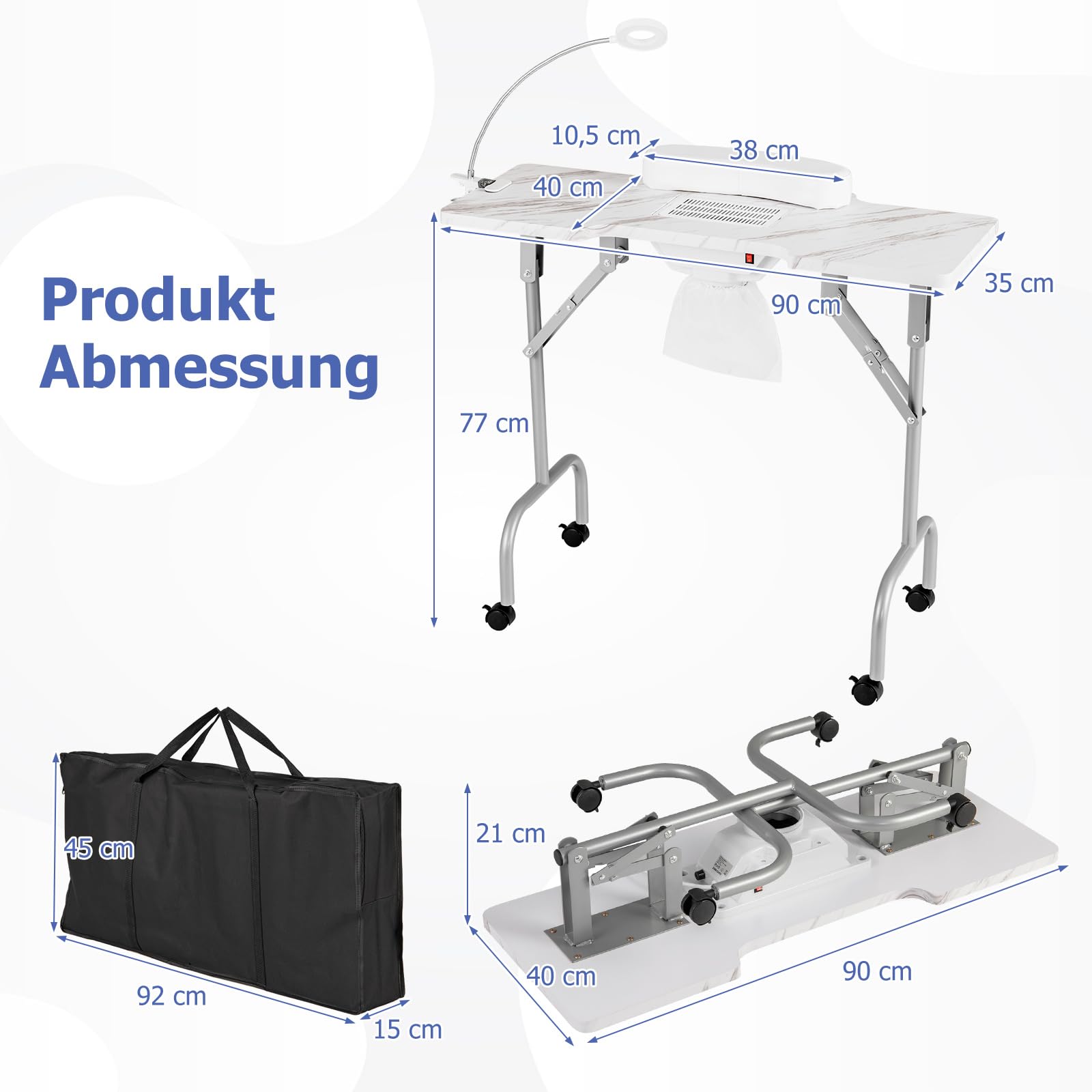 COSTWAY Maniküretisch klappbar, Nageltisch mit elektrischem Staubsammler, LED-Lampe, Handgelenkauflage & Rollen, Maniküre Tisch Marmor Optik, inkl. Tragetasche (Weiß)