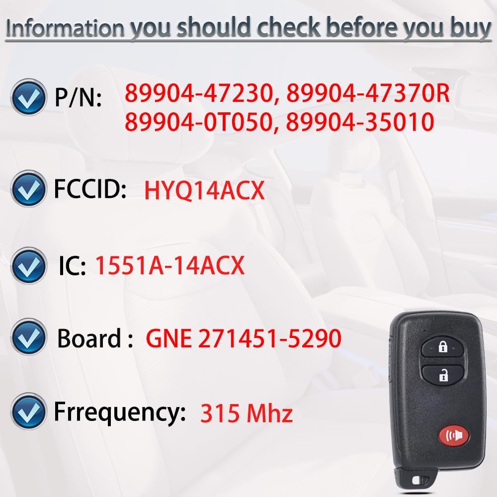 Smart Key Fob Keyless Entry Fits for Toyota Prius C V 4Runner Venza Prius Scion TC 2010-2019 Remote Control Replacement FCC ID: HYQ14ACX Board: GNE 271451-5290 PN:89904-47230 3 Button