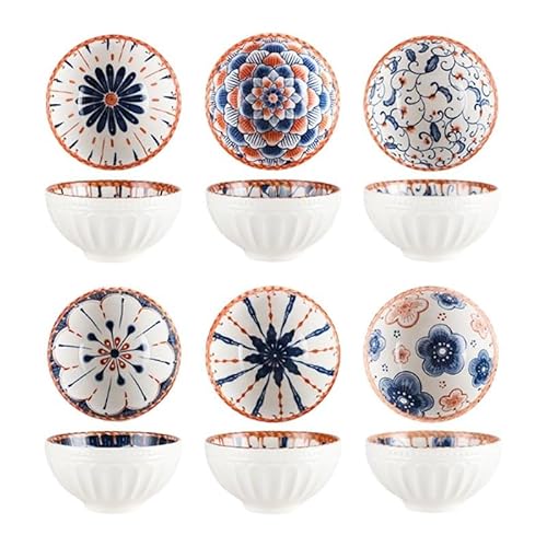 Piawokl お茶碗 6客セット 和風の古染絵変りデザイン 電子レンジ・食洗機対応 新生活/母の日/誕生日の贈り物に ギフトに最適 直径11.5cmの使いやすいサイズ
