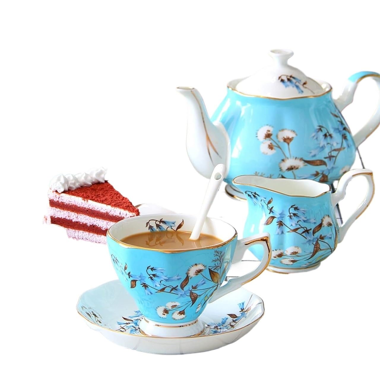 zestaw do herbaty, 15-częściowy porcelanowy zestaw do herbaty Vintage niebieska filiżanka i spodek Serwis kawowy dla 6 osób, z cukiernicą dzbankiem na mleko