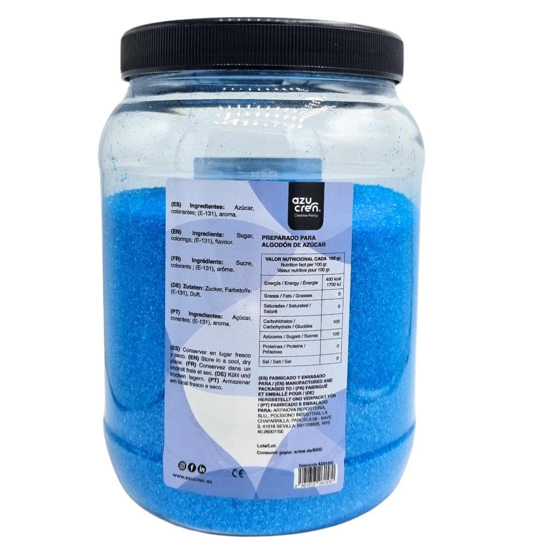 Azucren, Azúcar para Máquina Algodón, Sabor a Frutas del Bosque, Perfecto para Hacer Algodón de Azúcar, Cocteles divertidos, Torrijas y Muchas más Creaciones de Color Azul, 1 Kg